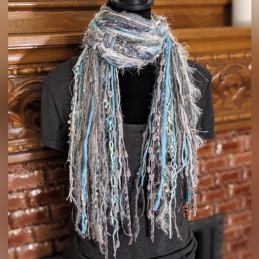 SOLD Fringe Scarf Blue Aqua Turquoise Silver Gray White Boho Vibes New - Picture 3 of 5